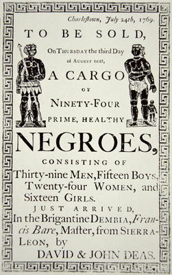 Slave Sale notice, published in Charleston, California, 24th July 1769 (print) a American School, (18th century)