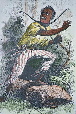 A runaway slave in the USA wearing a pronged slave-collar to hamper escape (colour litho) a American School, (19th century)