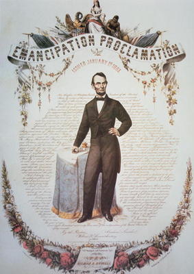 A souvenir print of the Emancipation Proclamation, issued 1st January 1863 (colour litho) a American School, (19th century)