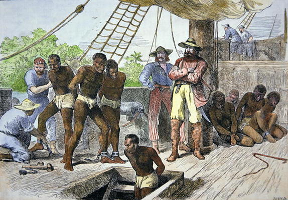 African slaves being taken on board ship bound for USA (coloured engraving) a American School, (19th century)