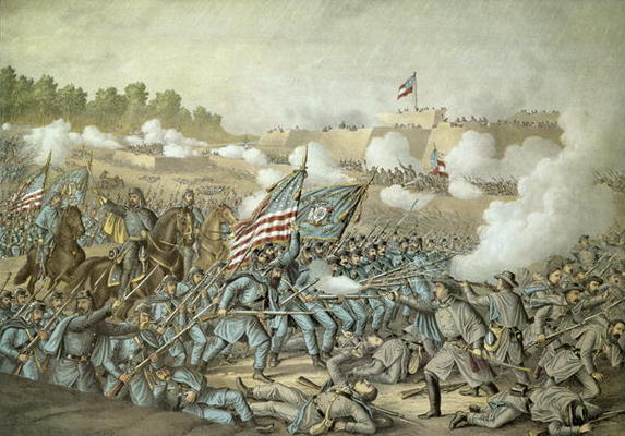Battle of Williamsburg, 5th May 1862 by Kurz & Allison (colour litho) a American School, (19th century)