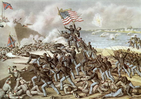 Black troops of the 54th Massachusetts Regiment during the assault of Fort Wagner, South Carolina, 1 a American School, (19th century)