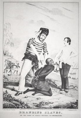 Branding slaves on the coast of Africa, prior to embarkation, 1845 (litho) a American School, (19th century)