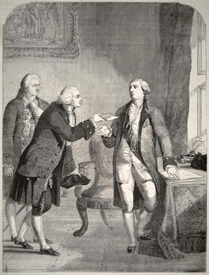 John Adams (1735-1826) as the First American Ambassador to the English Court, presenting his credent a American School, (19th century)