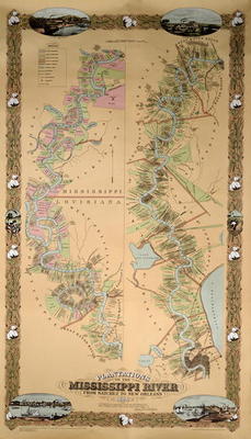 Map depicting plantations on the Mississippi River from Natchez to New Orleans, 1858 (colour litho) a American School, (19th century)