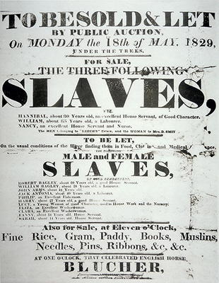 Poster for a slave auction, 1829 (litho) a American School, (19th century)