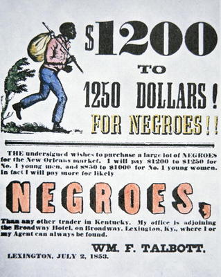 Poster for slave trade, New Orleans, 1853 (colour litho) a American School, (19th century)