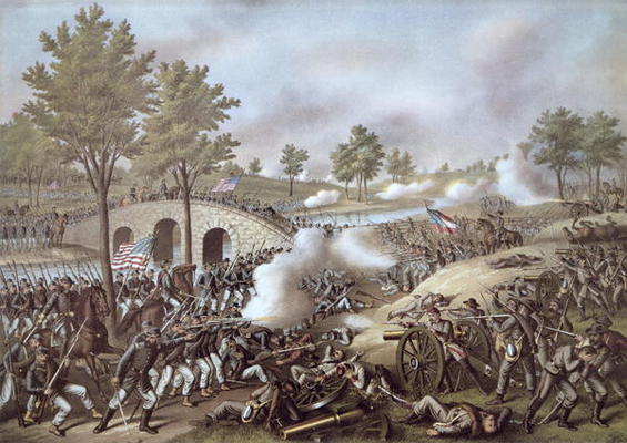 The Battle of Antietam, 1862, by Kurz & Allison (colour litho) a American School, (19th century)
