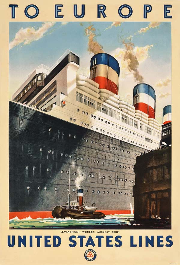 Poster advertising travel to Europe with the ocean liner 'Leviathan' by the shipping company 'United a American School, (20th century)