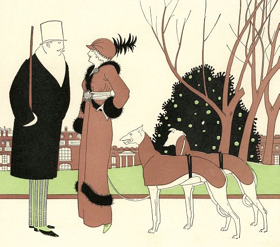 Fashionable Couple with Two Greyhounds a American School, (20th century)