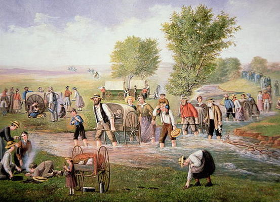 Mormon pioneers pulling handcarts on the long journey to Salt Lake City in 1856 (colour litho) a American School, (20th century)