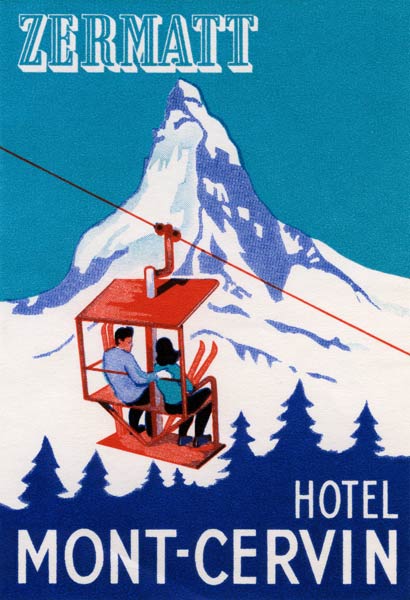 The Zermatt Peak with Skiers on Ski Lift a American School, (20th century)