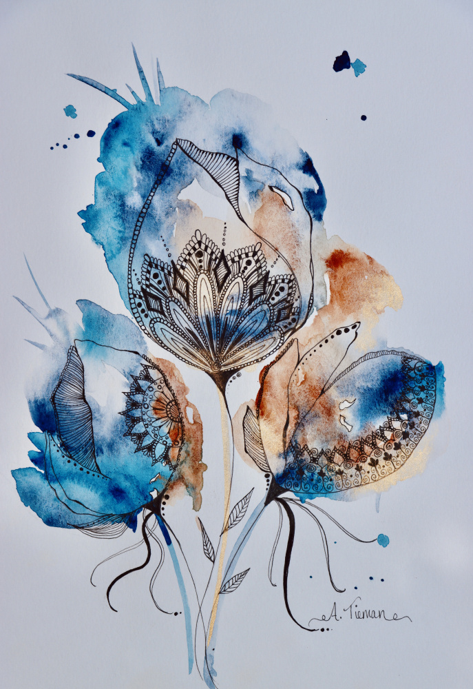 Mandala Floral (blue, Gold, Burnt Sienna) a Amy Tieman