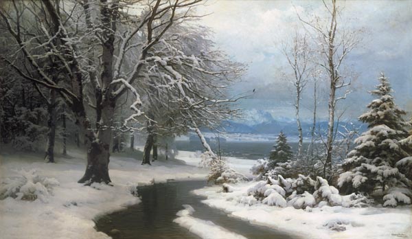 Winter landscape with brook and sea a Anders Andersen-Lundby