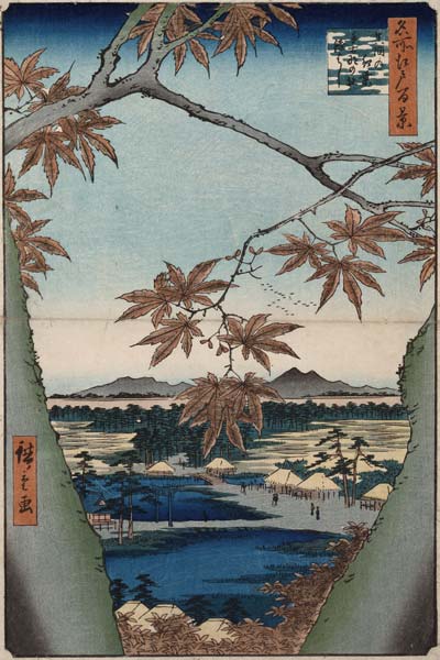 Ahornblätter, der Tekona Schrein und die Brücke. Aus der Serie: Hundert Ansichten von Sehenswürdigke a Ando oder Utagawa Hiroshige