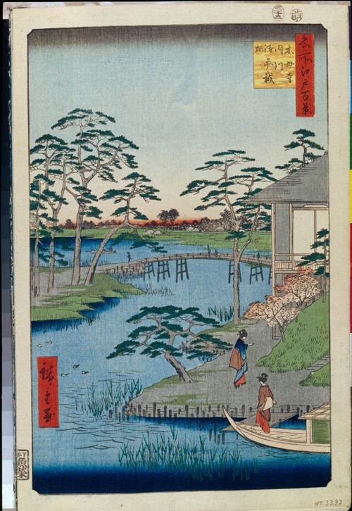 Mokuboji Temple and Vegetable Fields on Uchigawa Inlet (One Hundred Famous Views of Edo) a Ando oder Utagawa Hiroshige