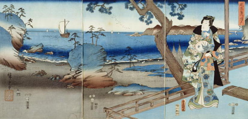 Prince Genji watching at the Suma Beach (triptych) a Ando oder Utagawa Hiroshige