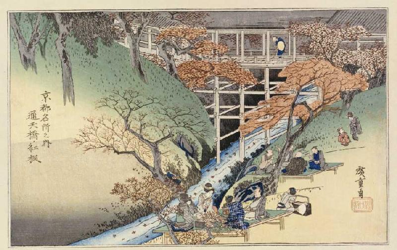 Rote Ahornblätter in Tsuten Bridge. Aus der Serie: Berühmte Orte in Kyoto. a Ando oder Utagawa Hiroshige