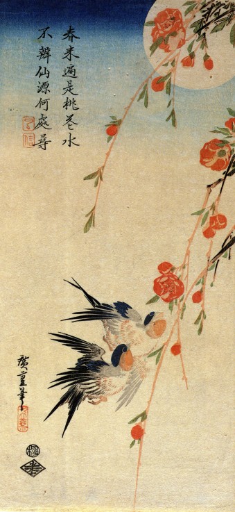 Flying Swallows under Peach Blossoms in the Moonlight a Ando oder Utagawa Hiroshige