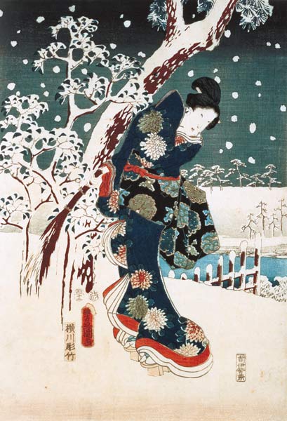Snow Scene in the Garden of a Daimyo, part of Triptych (silkscreen) a Ando oder Utagawa Hiroshige