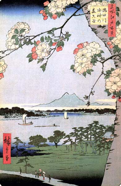 Suijin Schrein und Massaki am Fluß Sumida. (Bild 35 aus der Serie: 100 berühmte Ansichten von Edo). a Ando oder Utagawa Hiroshige