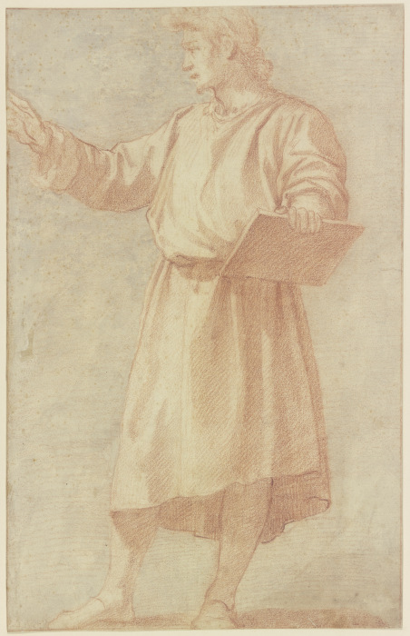 Stehender Mann nach links mit vorgestrecktem rechten Arm und einer Tafel mit der Linken in starker V a Andrea del Sarto