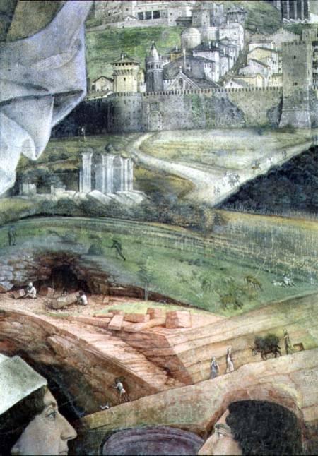 The Arrival of Cardinal Francesco Gonzaga; marble quarry workings and an idealised view of Rome, fro a Andrea Mantegna