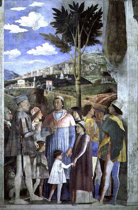 Arrival of Cardinal Francesco Gonzaga, greeted by his father Marchese Ludovico Gonzaga III (reigned a Andrea Mantegna