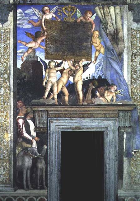 Putti with butterfly wings supporting the dedicatory plaque with hunting dogs and their handlers bel a Andrea Mantegna