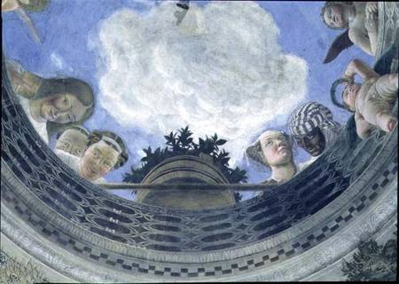 Trompe l'oeil oculus in the centre of the vaulted ceiling of the Camera degli Sposi or the Camera Pi a Andrea Mantegna