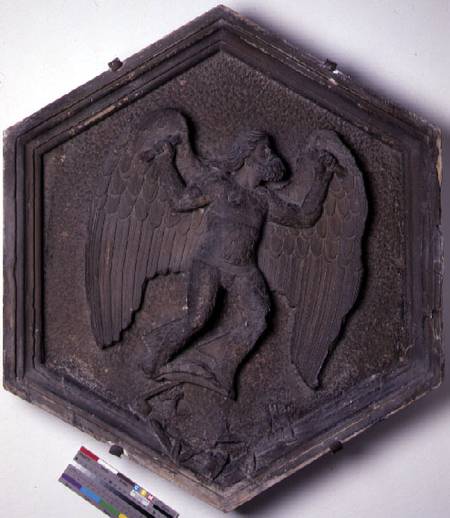 The Art of Flight, Daedalus, hexagonal decorative relief tile from a series depicting the practition a Andrea Pisano
