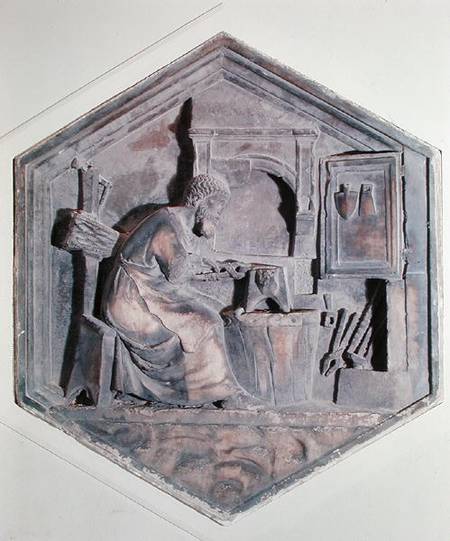 The Art of Forging, hexagonal decorative relief panels from a series depicting the practitioners of a Andrea Pisano