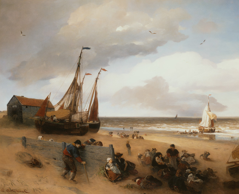 Fishing boats and fisherman people on a beach. a Andreas Achenbach
