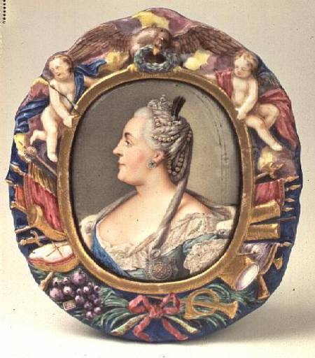 Catherine II (1729-96) after a portrait by Feodor Rokotov, enamel and copper, frame from the Imperia a Andrei Ivanovich Chernyi