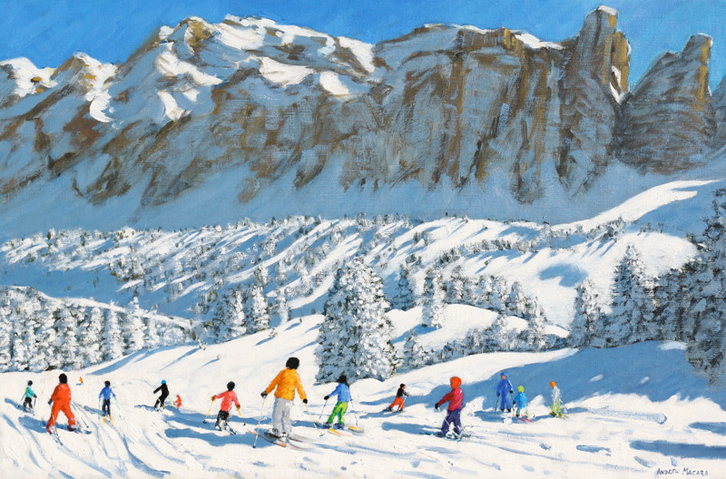 Colourful skiers,Val Gardena,Italy a Andrew  Macara