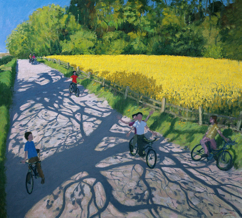 Cyclists and Yellow Field, Kedleston, Derby (oil on canvas)  a Andrew  Macara