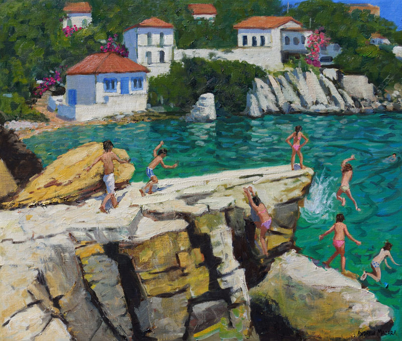 Jumping into the sea,Plates ,Skiathos a Andrew  Macara