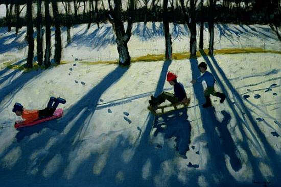 Boys Sledging, Allestree Park, Derby (oil on canvas)  a Andrew  Macara