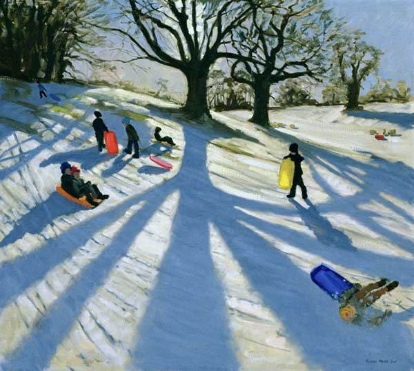 Winter Tree, Snow Sledgers, Calke Abbey, Derby (oil on canvas)  a Andrew  Macara