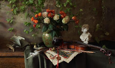 Still life with violin and flowers