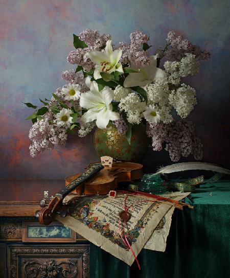 Still life with violin and flowers
