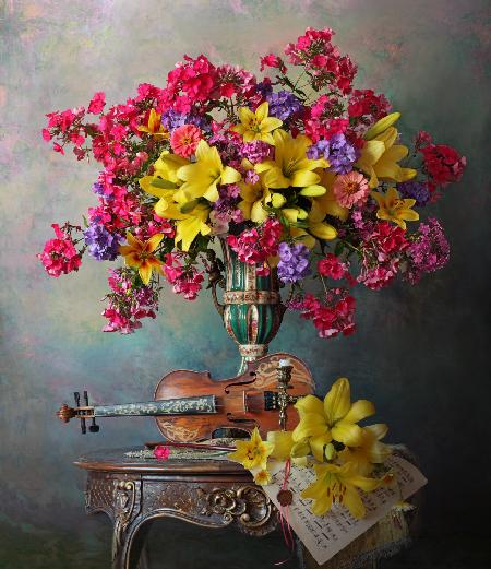 Still life with violin and flowers