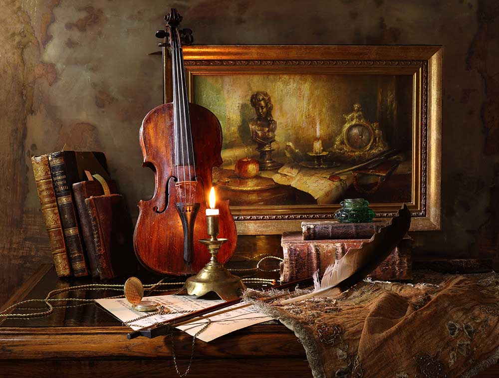 Still life with violin and painting a Andrey Morozov