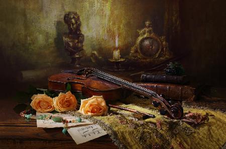 Still life with violin and roses