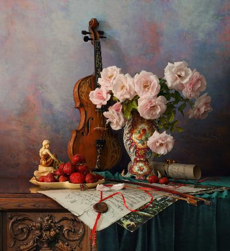 Still life with violin and roses