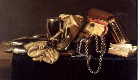 Still Life of a Jewellery Casket, Books and Oysters a Andries Vermeulen
