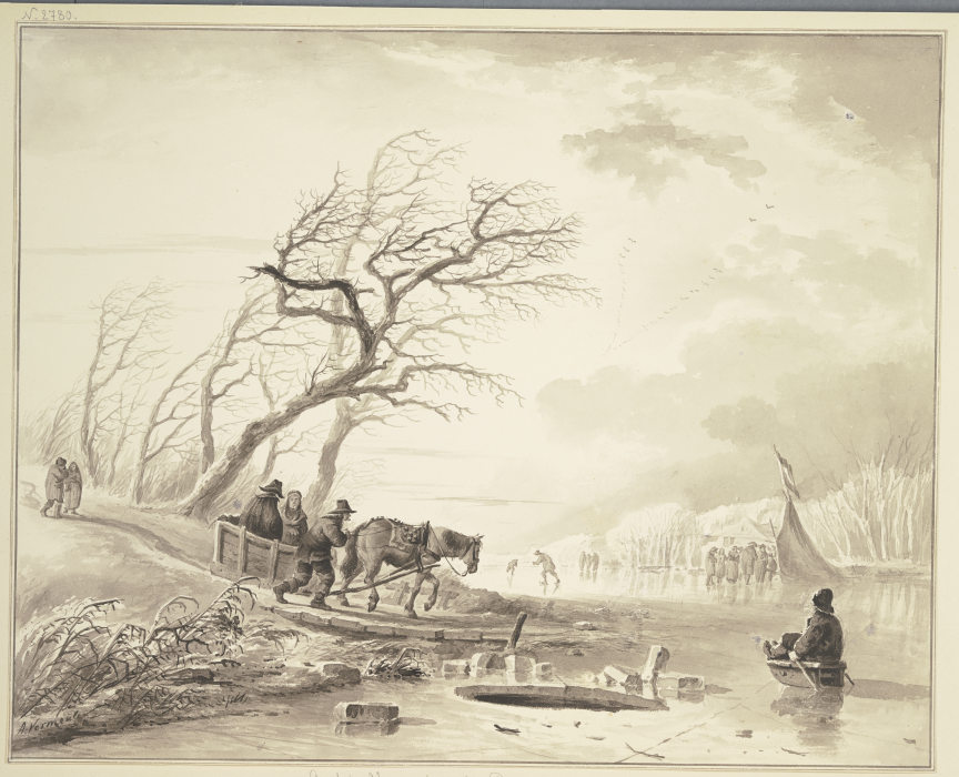 Winterlandschaft, rechts auf dem Eis ein Zelt, links bei einer Baumgruppe ein Schlitten mit einem Pf a Andries Vermeulen