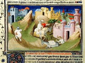 Ms Fr 2810 f.110v Travellers outside Peking with Odorico de Pordenone, from the Livre des Merveilles