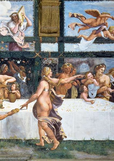 The Rustic Banquet celebrating the marriage of Cupid and Psyche, with the three lunettes above depic a (and workshop) Giulio Romano