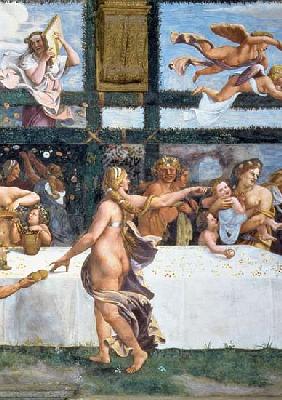 The Rustic Banquet celebrating the marriage of Cupid and Psyche, with the three lunettes above depic